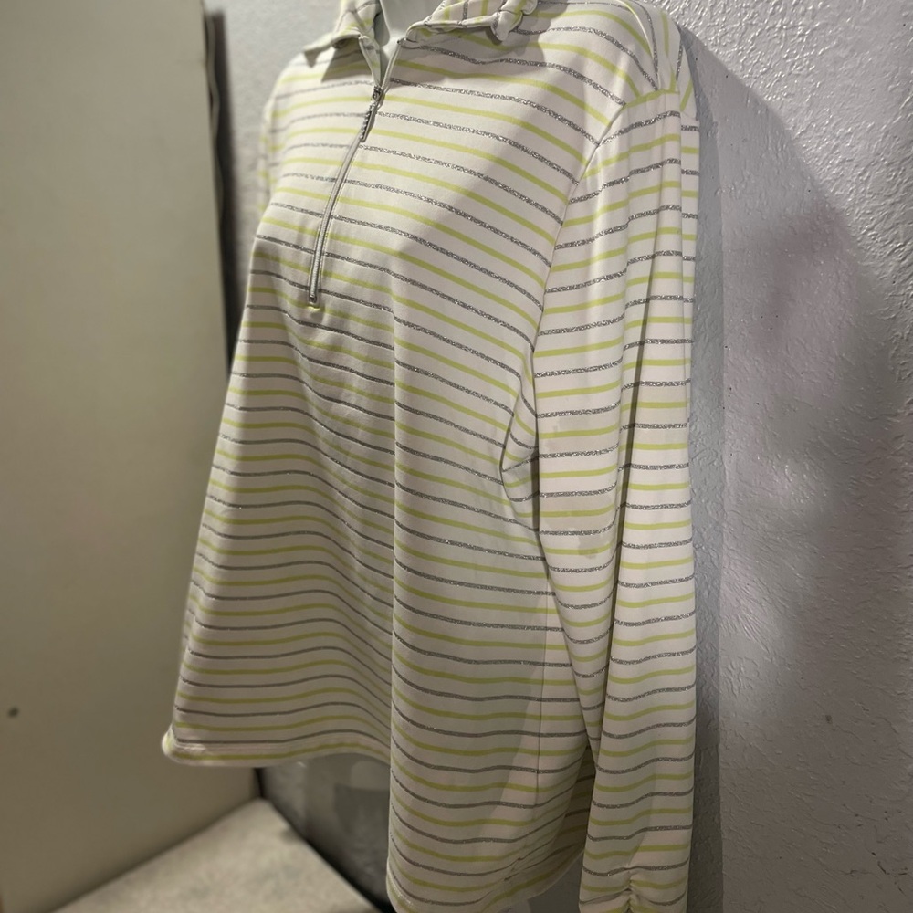 Chico's Striped Half-Zip Long Sleeve Pullover in White, Lime & Gray